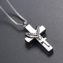 Load image into Gallery viewer, Silver Cross &amp; Rhinestone Rosary Cremation Urn Necklace