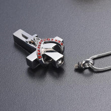 Load image into Gallery viewer, Silver Cross &amp; Rhinestone Rosary Cremation Urn Necklace