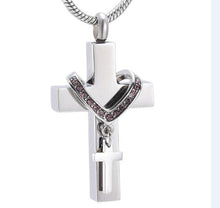 Load image into Gallery viewer, Silver Cross &amp; Rhinestone Rosary Cremation Urn Necklace