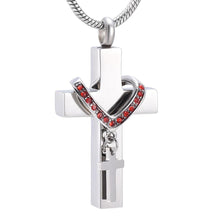 Load image into Gallery viewer, Silver Cross &amp; Rhinestone Rosary Cremation Urn Necklace
