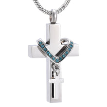 Load image into Gallery viewer, Silver Cross &amp; Rhinestone Rosary Cremation Urn Necklace