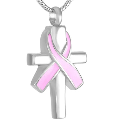Silver Cross & Cancer Ribbon Cremation Urn Necklace