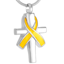 Load image into Gallery viewer, Silver Cross &amp; Cancer Ribbon Cremation Urn Necklace
