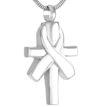 Load image into Gallery viewer, Silver Cross &amp; Cancer Ribbon Cremation Urn Necklace