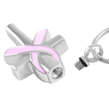 Load image into Gallery viewer, Silver Cross &amp; Cancer Ribbon Cremation Urn Necklace