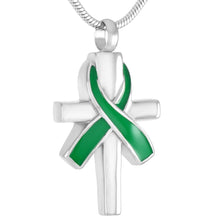Load image into Gallery viewer, Silver Cross &amp; Cancer Ribbon Cremation Urn Necklace