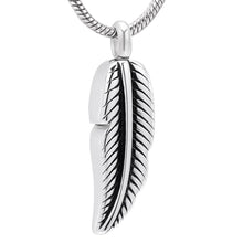 Load image into Gallery viewer, Silver Feather Shaped Cremation Urn Necklace