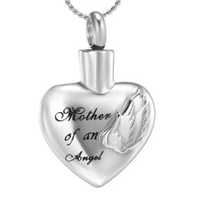Load image into Gallery viewer, Silver Heart Shaped Cremation Urn Necklace With Angel Wings Engraved "Mother Of An Angel"