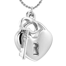 Load image into Gallery viewer, Silver Heart Shaped Lock &amp; Key Charm Cremation Urn Necklace