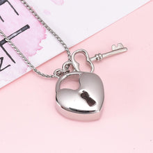 Load image into Gallery viewer, Silver Heart Shaped Lock &amp; Key Charm Cremation Urn Necklace