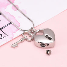 Load image into Gallery viewer, Silver Heart Shaped Lock &amp; Key Charm Cremation Urn Necklace