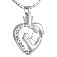 Load image into Gallery viewer, Silver Mother and Child Cremation Urn Necklace With Rhinestone Heart
