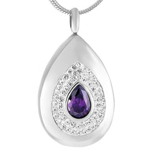 Load image into Gallery viewer, Silver Teardrop Cremation Urn Necklace With Rhinestones &amp; Purple Gemstone
