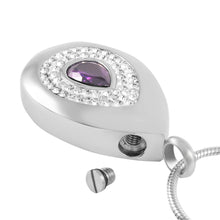 Load image into Gallery viewer, Silver Teardrop Cremation Urn Necklace With Rhinestones &amp; Purple Gemstone