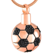 Load image into Gallery viewer, Soccer Ball Style Cremation Urn Necklace With Black Rhinestones