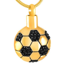 Load image into Gallery viewer, Soccer Ball Style Cremation Urn Necklace With Black Rhinestones