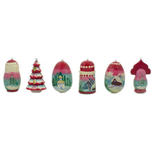 Load image into Gallery viewer, 6 Christmas Tree, Snowman, Santa, Village House, Wooden Doll Christmas Ornaments