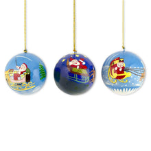 Load image into Gallery viewer, Set of 3 Santa Sleigh Reindeer Wooden Christmas Ball Ornaments