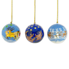 Load image into Gallery viewer, Set of 3 Santa Sleigh Reindeer Wooden Christmas Ball Ornaments
