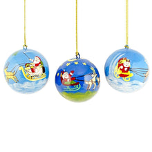Load image into Gallery viewer, Set of 3 Santa Sleigh and Reindeer Wooden Christmas Ball Ornaments