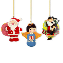 Load image into Gallery viewer, Scottish Bagpiper, Angel &amp; Santa Wooden Christmas Ornaments