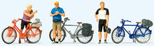 Load image into Gallery viewer, Preiser 10644 HO Scale Standing Cyclists in Sportswear w/Bikes -- Set #2 pkg(3)