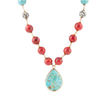 Load image into Gallery viewer, Blue and Red Turquoise Teardrop Golden Necklace