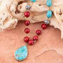 Load image into Gallery viewer, Blue and Red Turquoise Teardrop Golden Necklace