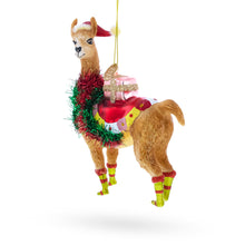 Load image into Gallery viewer, Llama with Presents Glass Christmas Ornament
