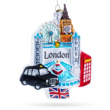 Load image into Gallery viewer, London Landmarks with Big Ben and Taxi Glass Christmas Ornament