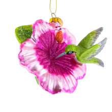 Load image into Gallery viewer, Hummingbird with Hibiscus Glass Christmas Ornament