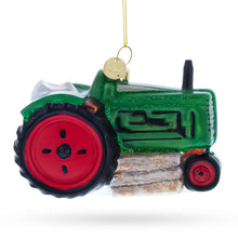 Load image into Gallery viewer, Green Tractor with Crop Barrels Glass Christmas Ornament