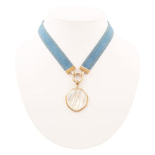 Load image into Gallery viewer, Blue Denim Dreams White Mother of Pearl Ribbon Golden Pendant Necklace