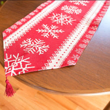 Load image into Gallery viewer, Snowflakes on Red Pattern Christmas Tablecloth Holiday Runner 76.5 Inches