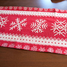 Load image into Gallery viewer, Snowflakes on Red Pattern Christmas Tablecloth Holiday Runner 76.5 Inches