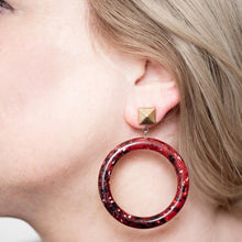 Load image into Gallery viewer, Rusty Red Speckled with Brass Nailhead Donut Drop Earrings
