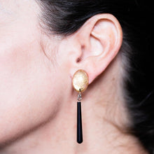 Load image into Gallery viewer, Gold Mercury &amp; Skinny Black Teardrop Earrings