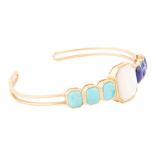 Load image into Gallery viewer, Dual Color Blue Lapis Turquoise and White Mother of Pearl Golden Cuff Bracelet
