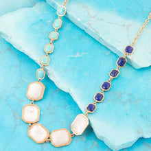 Load image into Gallery viewer, Dual Color Blue Lapis Turquoise and White Mother of Pearl Golden Necklace
