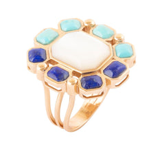 Load image into Gallery viewer, Dual Color Blue Lapis Turquoise and White Mother of Pearl Golden Ring