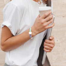 Load image into Gallery viewer, Dual Color Blue Lapis Turquoise and White Mother of Pearl Golden Cuff Bracelet
