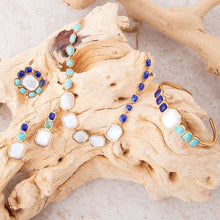 Load image into Gallery viewer, Dual Color Blue Lapis Turquoise and White Mother of Pearl Golden Ring