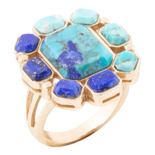 Load image into Gallery viewer, Duality Blue Lapis and Turquoise Golden Statement Ring