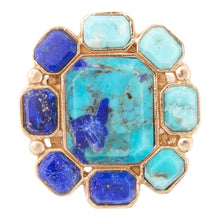 Load image into Gallery viewer, Duality Blue Lapis and Turquoise Golden Statement Ring