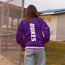 Load image into Gallery viewer, JMU Dukes Satin Letterman Bomber Jacket