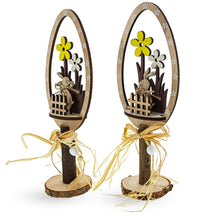 Load image into Gallery viewer, Set of 2 Rustic Wooden Easter Egg Decorations – Handmade Bunny &amp; Flower Tabletop Decor