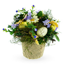 Load image into Gallery viewer, Easter Egg &amp; Floral Arrangement – Rustic Spring Tabletop Decor in Burlap Pot