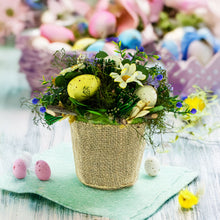 Load image into Gallery viewer, Easter Egg &amp; Floral Arrangement – Rustic Spring Tabletop Decor in Burlap Pot