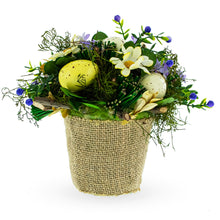 Load image into Gallery viewer, Easter Egg &amp; Floral Arrangement – Rustic Spring Tabletop Decor in Burlap Pot