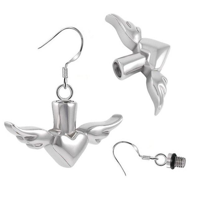 Silver Heart & Angel Wings Cremation Urn Earrings